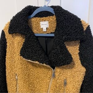 Nine West Sherpa Moto Bomber Teddy Zip up Jacket in Black and Brown size Small